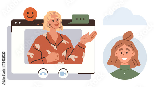Woman presenting on video call with chatting bubble, happy emotion, participants profile image. Ideal for communication, remote work, online education, teamwork, connection, technology simple flat