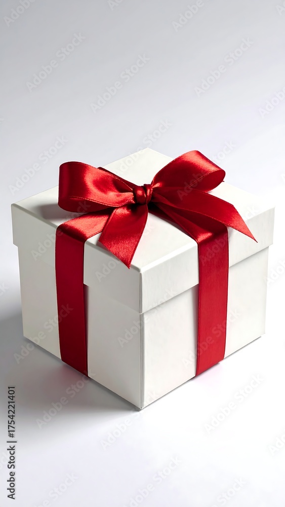 Obraz premium A white square gift box, tied with a vibrant red satin ribbon, on a light background