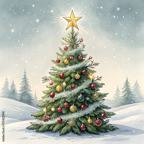 a christmas card with a christmas tree and a star