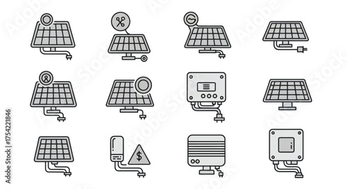 Collection of line art icons depicting solar energy systems, renewable power, panel installation, maintenance, and operational states