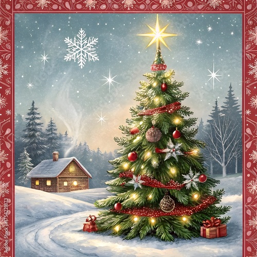 a christmas card with a christmas tree and a star