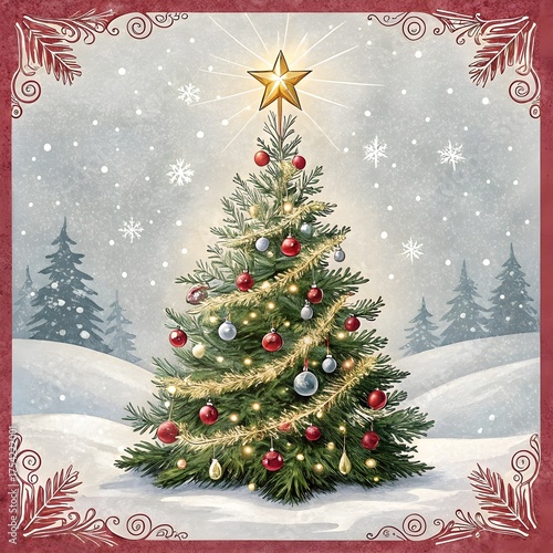 a christmas card with a christmas tree and a star