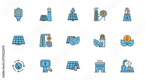 Modern Vector Icon Set for Sustainable Energy, Renewable Power, Green Industry, and Eco-Friendly Production Technologies