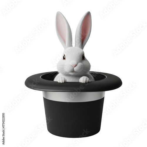 A charming white rabbit is coming out of a classic black top hat, isolated on a transparent background. A white rabbit is coming out of a black top hat.