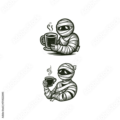 A humorous and simple vintage engraving illustration of a cute, bandaged mummy holding a steaming hot cup of coffee