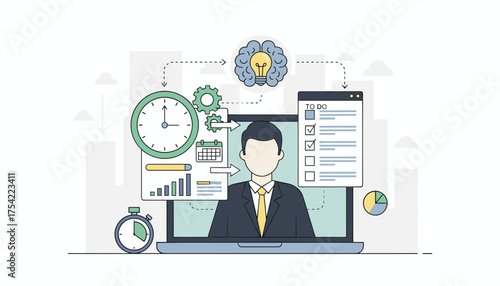 Business productivity and time management concept. Businessman on laptop with to-do list, clock, and calendar. Workflow optimization, project planning, and efficiency.
