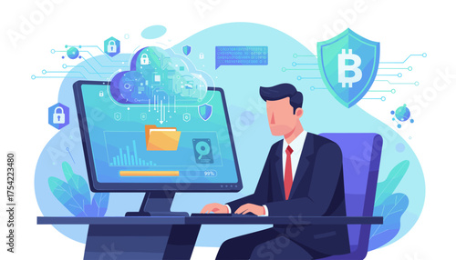 Businessman downloading data from secure cloud. Concept of data protection, network security, blockchain technology, cryptocurrency finance, and online document storage.