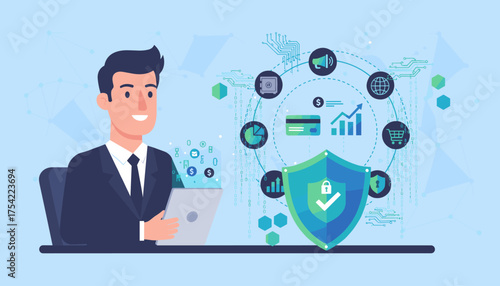 Fintech concept. Businessman with tablet for online banking, investment, e-commerce. Data protection, cybersecurity with shield for safe digital payment and transaction.