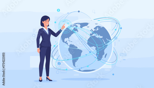 Businesswoman touching global network. International business connection and data exchange. Worldwide communication technology concept. Planet Earth with virtual interface. Future.