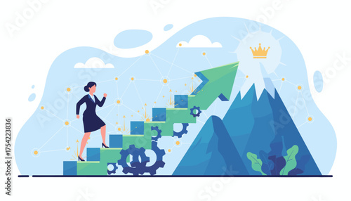 Businesswoman climbing career ladder for growth and success. Leadership and ambition concept. Arrow path to the top of the mountain with a crown. Vector illustration.