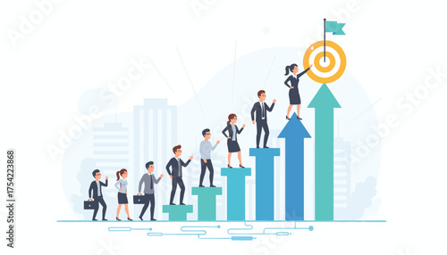 Career ladder growth concept with business people climbing up arrow chart. Metaphor for success, ambition, achievement, and promotion. Woman leader reaches the target goal.