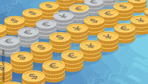 Isometric vector concept of global finance, currency exchange, and banking. Stacks of gold and silver coins with dollar, euro, and yen symbols for money growth and investment.