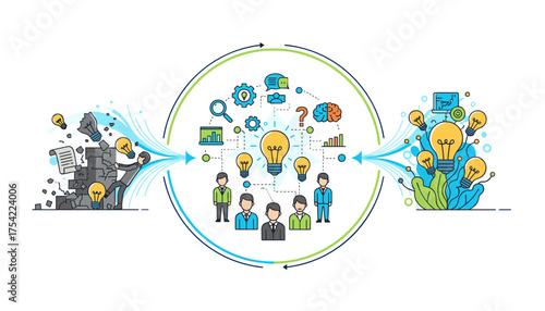 Business innovation process from problem to solution. Teamwork brainstorming for new ideas. Breaking barriers for creative growth and success. Business development strategy.