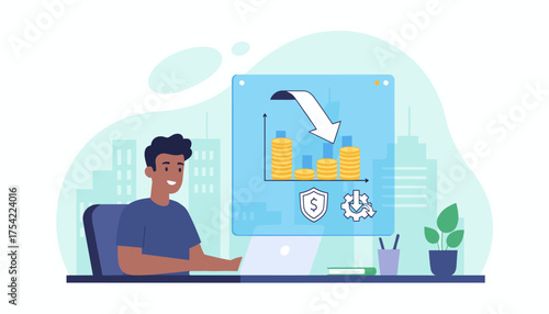 Cost reduction business finance concept. Man analyzing budget. Expense cutting and money saving strategy. Financial crisis, price decrease chart. Investment risk management.