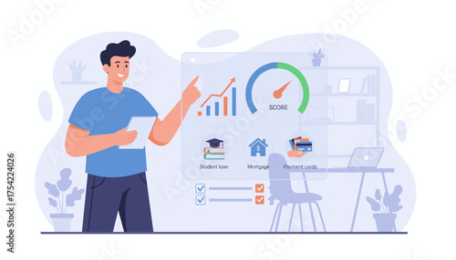 Man checks credit score on futuristic digital interface. Concept of financial health, personal loan report, and mortgage rating. Online banking technology for credit history analysis.