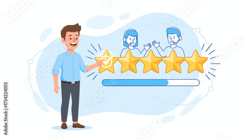 Customer service experience concept. Businessman client giving a five star rating for online support. Man leaving satisfaction review with positive feedback. Excellent quality.