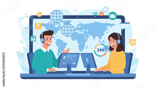 Customer service online support center concept. Hotline operators with headsets. Global technical assistance. Man and woman agents at computers. 24h worldwide client help.