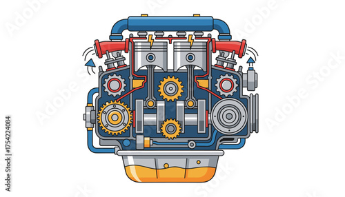 Car engine in cut. Vector cartoon illustration. Internal combustion motor cross-section. Automotive mechanism with pistons, gears and crankshaft. Technical auto service.