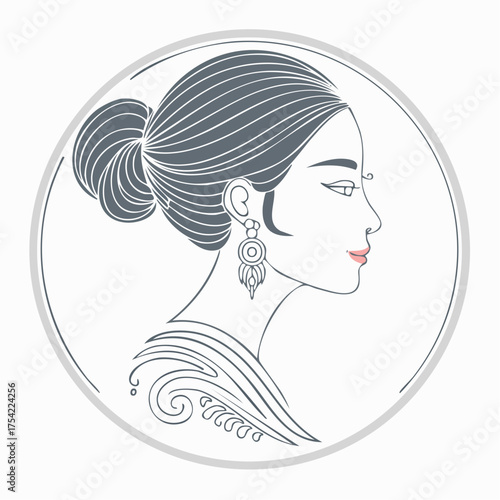 Elegant Woman Portrait with Bun and Dreamcatcher Earring in Circle Frame.
