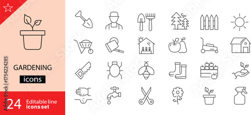 Gardening icons set. Includes symbols of plants, flowers, tools, watering cans, and outdoor activities. Editable stroke. Vector illustration. Outline icons. Perfect for nature, and environment. 