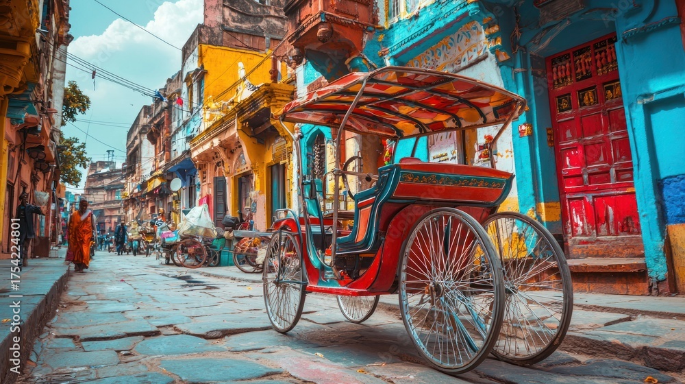 Fototapeta premium Vibrant Old Indian City Street with Traditional Rickshaw, Colorful Historic Buildings, Pedestrians, and a Bright Blue Sky