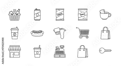 Shopping and retail icons collection with snacks, beverages, key, basket, cart, cash register, hot dog, coffee cup, shopping bags, fuel pump, and store front minimalist line art
