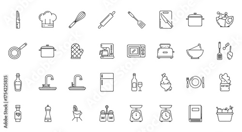 Kitchen and cooking line icons set. Culinary tools, utensils, and gastronomy equipment. Vector symbols for restaurant, home cooking, food prep, recipes and appliances.