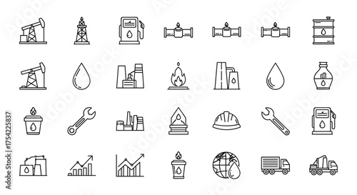 Oil and gas industry line icon set. Petroleum extraction, energy production vector symbols. Fuel pump, oil rig, refinery, barrel, pipeline, transport, and global market concept.