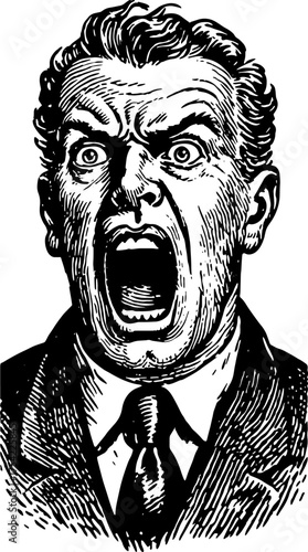Man screaming with an expressive face in a vintage illustration. A bold black and white graphic art depicting emotion, vector illustration.