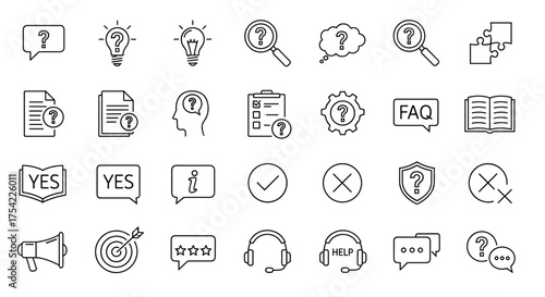 Help and support icon set. Question mark, FAQ, and customer service line icons. Vector symbols for assistance, information, problem solving, survey, communication, and feedback.