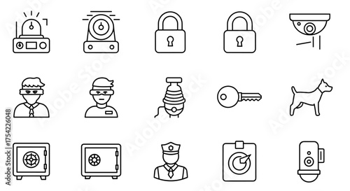 Security and crime prevention icon set. Vector line art symbols for safety, surveillance, and protection. Includes thief, police, padlock, safe, CCTV camera, alarm, and dog.