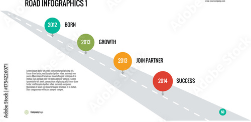 Road infographics 1: a timeline roadmap illustrating key milestones like birth, growth, and success, perfect for company history, project timelines, or personal journeys