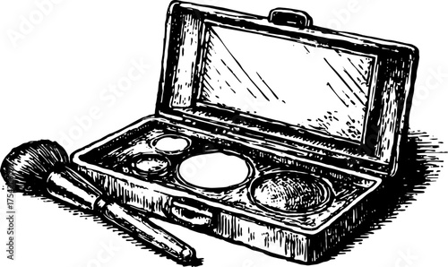 Vintage makeup pallette with compact and brush. Detailed vector illustration of cosmetics set with mirror, designed in an engraving style.