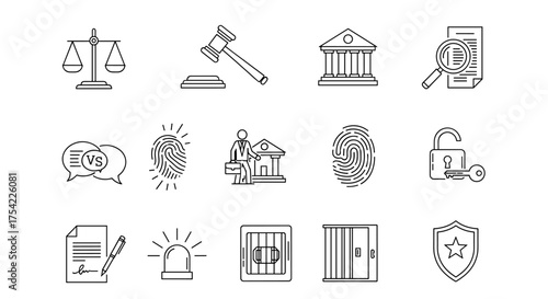 Law justice line icon set. Crime investigation, court trial concepts. Police, lawyer, judge symbols. Gavel, scales of justice, fingerprint, prison cell, legal document.