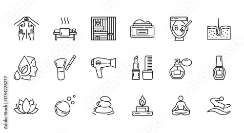 Spa and wellness icons set with massage, sauna, cosmetics, skincare, beauty, meditation, relaxation, aromatherapy, yoga, and self-care symbols in minimal outline style