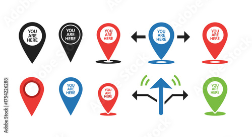Colorful You Are Here Location Markers with Navigation Arrows, Pinpoint Map Icons for GPS, Directional Pointer Symbols in Red Blue Green and Black for Maps and Navigation
