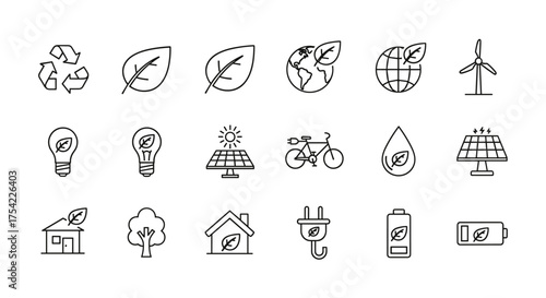 Ecology line icon set. Green energy and sustainability symbols. Renewable resources signs. Eco friendly concept. Solar panel, wind turbine, recycling, leaf, planet earth, battery.