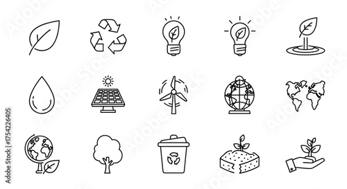 Ecology line icon set. Environment, sustainability, renewable green energy concepts. Vector icons of leaf, recycle, solar panel, wind turbine, water drop, planet earth, plant.