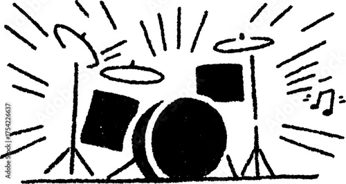 Drum set illustration featuring bass drum, cymbals, and a simple black design. Vector graphic representing music performance and rhythm.