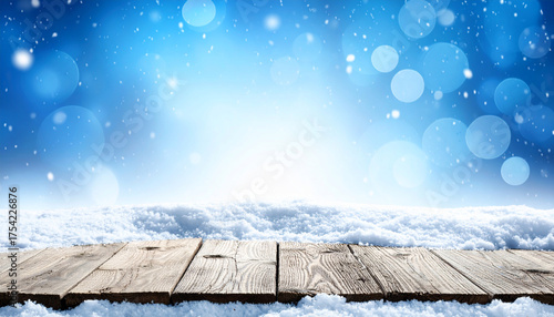 Winter Snow Background with Wooden Table