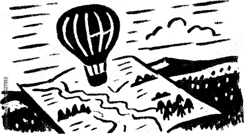 Hot air balloon over a landscape map. Simple black and white vector illustration with an outdoor adventure theme set.