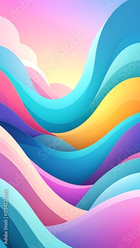 Abstract, colorful illustration of layered, wavy shapes resembling landscape. Sky with sunrise glow