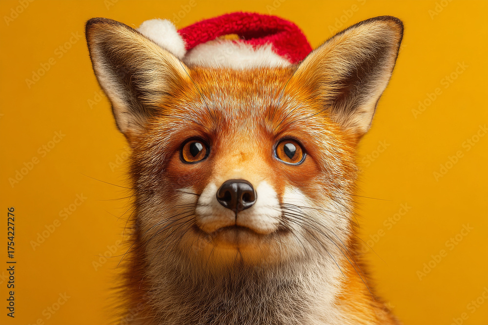 Obraz premium Portrait of red fox wearing Santa hat on yellow background. Concept of Christmas and winter holidays