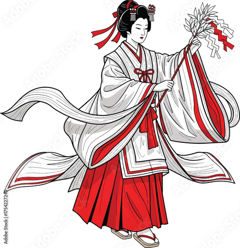 Illustration of a Japanese shrine maiden in traditional white and red ceremonial attire, holding a sacred branch.