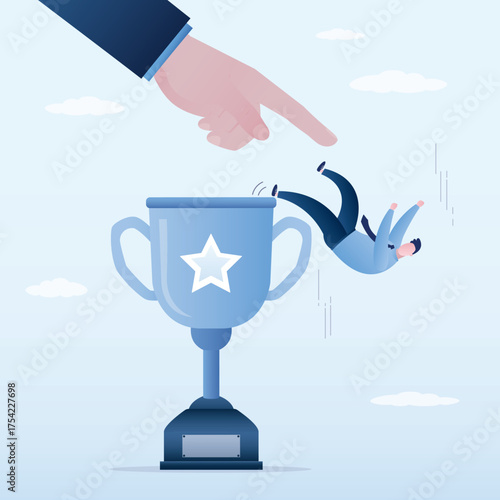 Business dishonesty, betrayal or jealousy colleague, career competitor or cheating concept, businessman kick business partner fall off the trophy cup. Winner becomes loser