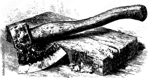 Antique axe illustration, hand-drawn engravings on wood. Detailed vector illustration showcasing craftsmanship and outline style.
