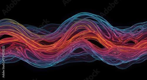 Abstract, colorful, intertwined, flowing lines with vibrant hues against a stark black background