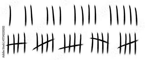 Set of hand-drawn tally marks in a rough, grunge style. Icons of counting to five, often used to symbolize scorekeeping, counting days, survival, or endurance