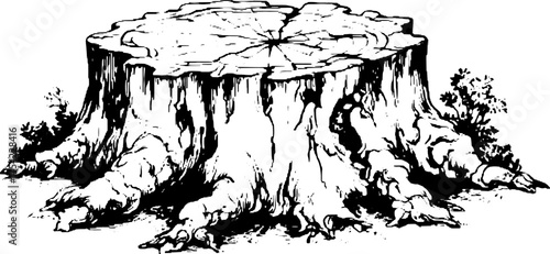 Tree stump illustration in vintage style. Black and white line drawing showcasing natural details, perfect for decorative use in vector graphics.