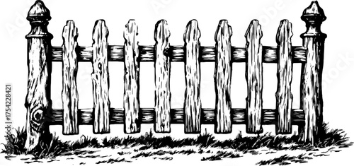 Vintage fence illustration in line drawing style. Detailed outline vector design of a wooden fence set in a rural landscape.